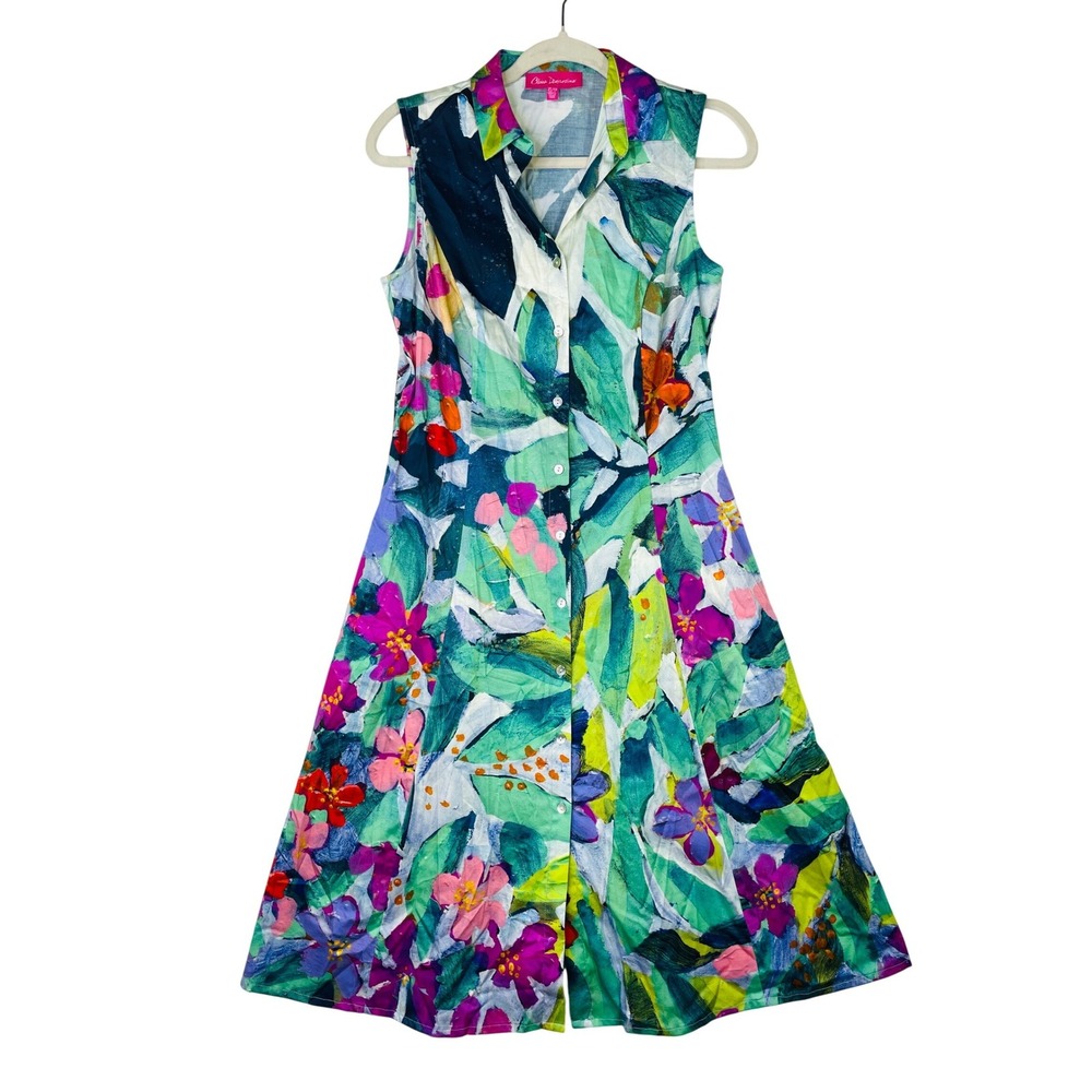 Claire Desjardins Abstract Floral Sleeveless Button Down Midi Dress Womens XS